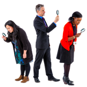 Three people, each looking through a magnifying glass.