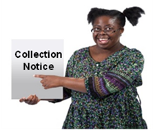 A person holding up a document that says, 'Collection Notice'.