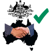 The Australian Coat of Arms. A map of Australia and a handshake. A green tick.