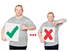 A person holding a sign with a tick and giving a thumbs up. A person holding a sign with a cross and giving a thumbs down.