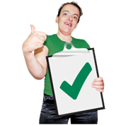 A person with their thumbs up, holding a clipboard with a tick.