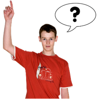 A person pointing up. A speech bubble with a question mark.