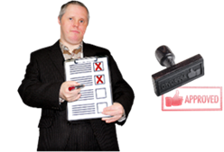 A person holding a clipboard with a checklist. An approval stamp.