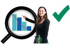 A person pointing at a graph with a green tick 