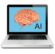 A laptop with an image of a brain, and the text, 'A I'.