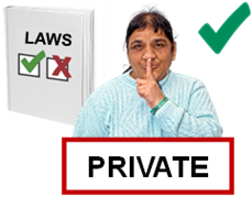 A Laws book. A person with their finger on their mouth; a tick; the word, 'private'