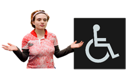 A person with their hands out. A disability logo.