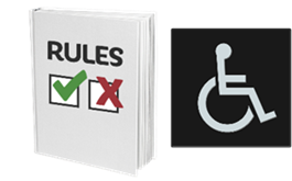 A rules book. A disability logo.