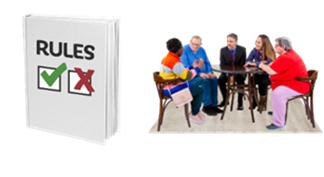 A rules book. People sitting around a table have a discussion.