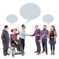 Three people with disabilities greeting three people on the council.