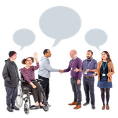 Three people with disabilities greeting three people on the council.