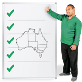 A person standing next to a board with a checklist and a map of Australia. They are giving a thumbs up.