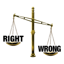 Justice scales with 'Right' on an upper side, and 'Wrong' on the lower side.