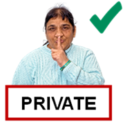 A person with their finger on their mouth; a tick; the word, 'private'