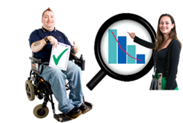 A person in a wheelchair holding a clipboard with a tick. A person pointing at a graph with a green tick.