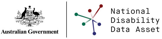 Logo del governo australiano e logo dell'archivio nazionale dei dati sulla disabilità che consiste in una serie di punti collegati da linee per simboleggiare la connessione dei dati.