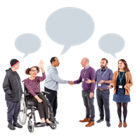 A group of people with disabilities meeting with another gorup of people.