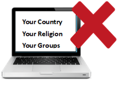 A laptop that says 'your country', 'your religion', and 'your groups' on it. A red cross.