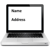 A laptop that says 'Name' and 'Address'.