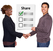 Two people shaking hands. A document that says, ' Share', and a checklist.