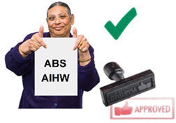 A person holding a document that says, 'A B S, A I H W'. A green tick. An approved stamp.