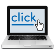 A laptop with the word, 'click' on the screen.