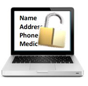 A laptop with the text, Name, Address, Phone, and Medical information and an unlocked padlock on the screen.