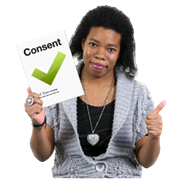 A person giving a thumbs up, holding a document that says, 'Consent' and has a green tick.