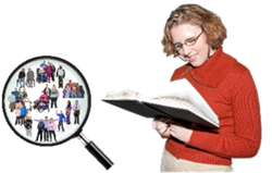 A magnifying glass looking at different groups of people. A person reading a book.