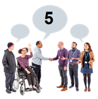 A group of people shaking hands with another group of people. Speech bubbles above their head, one of them saying, '5'.