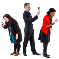 Three people looking through magnifying glasses.