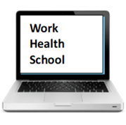 A laptop with the words, 'Work', 'Health', and 'School' on the screen.