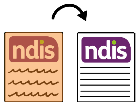 A document with the NDIS logo, linked by an arrow to an altered version.