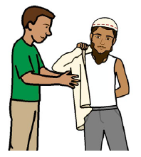 A person helping another person put on a coat.