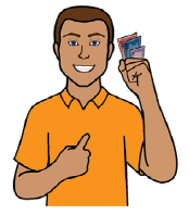 A person holding some money, smiling, and pointing to themselves.