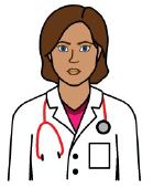 A person with white coat and stethoscope.