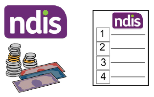 The NDIS logo above some money, next to a page containing the NDIS logo and a list.