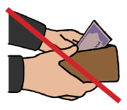 Crossed out image of two hands taking money from a wallet.