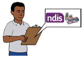 A person holding a clipboard, which is linked to an image of the NDIS logo next to some money.