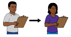 A person holding a clipboard, next to an arrow pointing to a different person holding a clipboard.