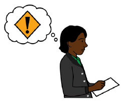 A person holding a document, with a thought bubble containing an exclamation mark.