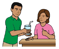 A person handing a glass to another person.