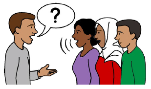 A person talking to a group of three people, with a speech bubble containing a question mark.