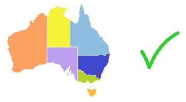 An image of Australia with state boundaries, next to a green check mark.