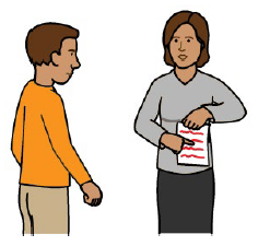 A person pointing out part of a document to another person.