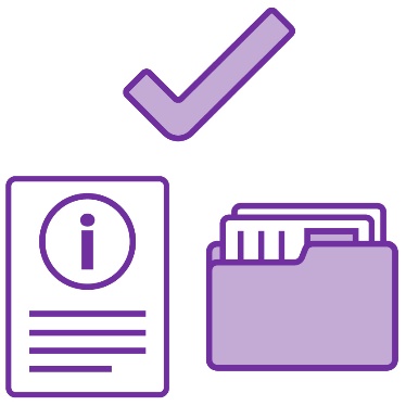 A document with an information icon on it, a folder full of documents and a tick.