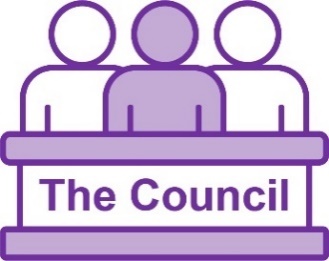 3 people behind a podium. On the podium it says 'The Council'.