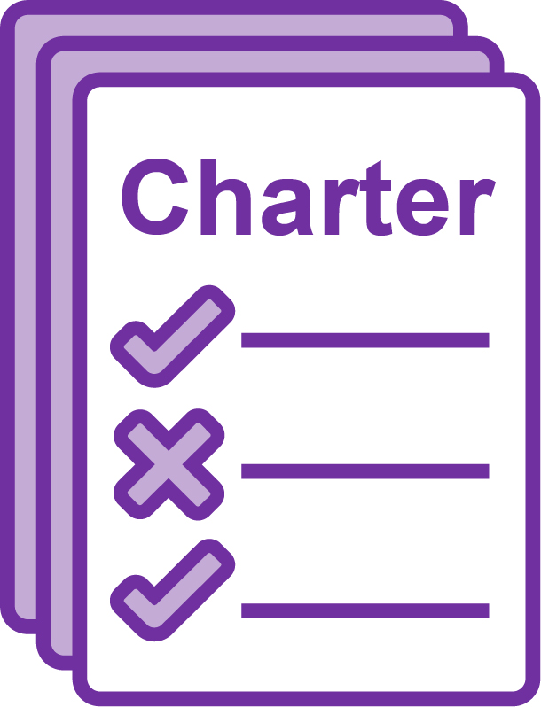 A large document that says 'Charter'. On it a list of rules with ticks and crosses next to it.