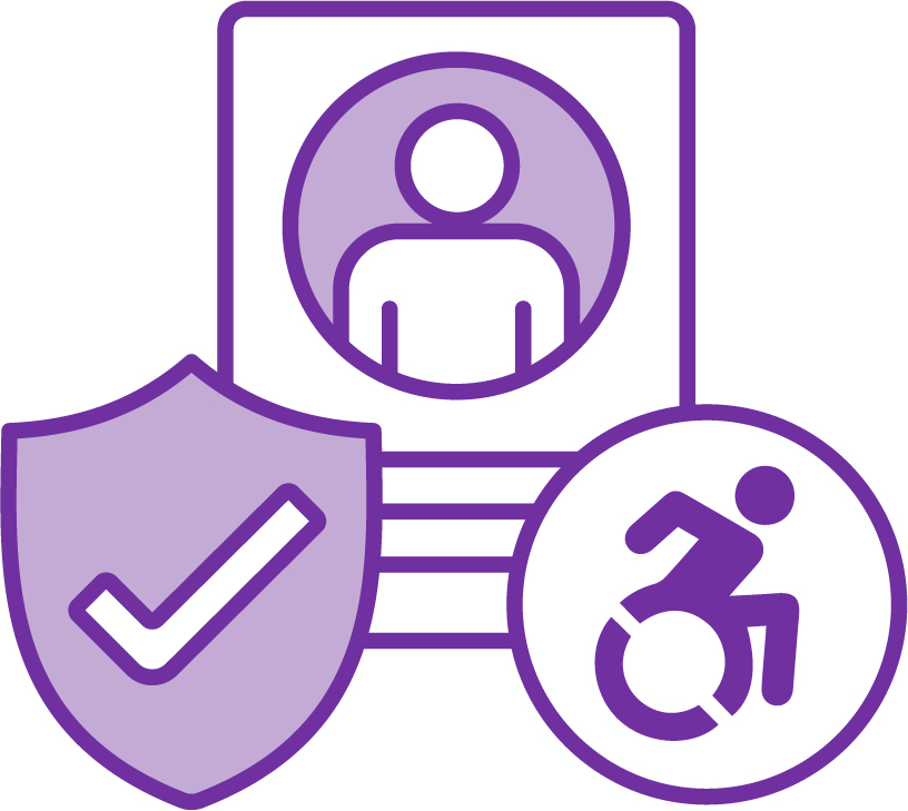 A document with a profile on it, a safety icon and a disability icon.