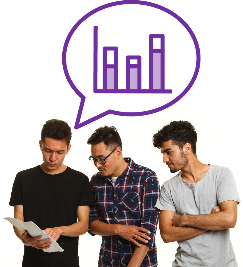 3 people looking at a document together. Above one person is a speech bubble with a data icon inside it.